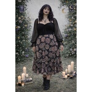 Whimsigoth Boho Cottagecore Black Floral Women's Midi 20W Skirt Alfred Dunner